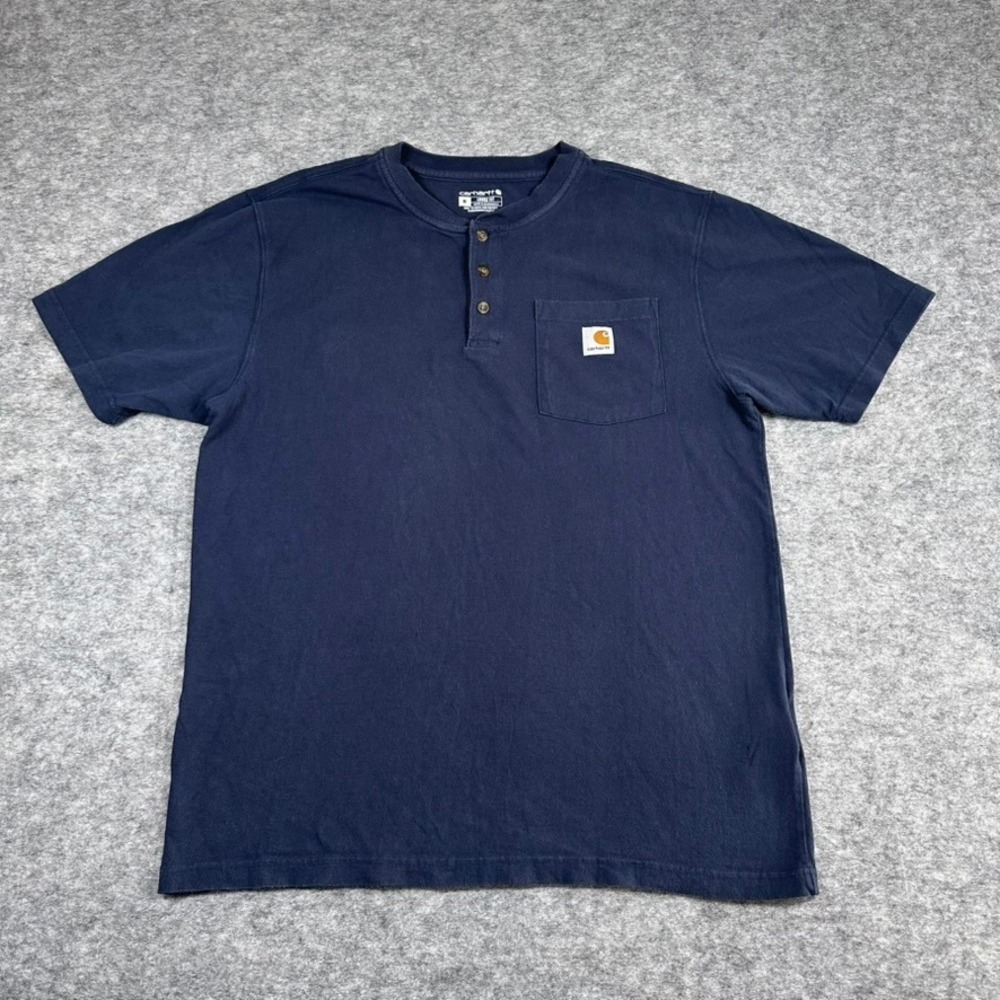 Carhartt Henley Pocket T-Shirt Navy Blue Loose Fit Workwear Mens Size Medium